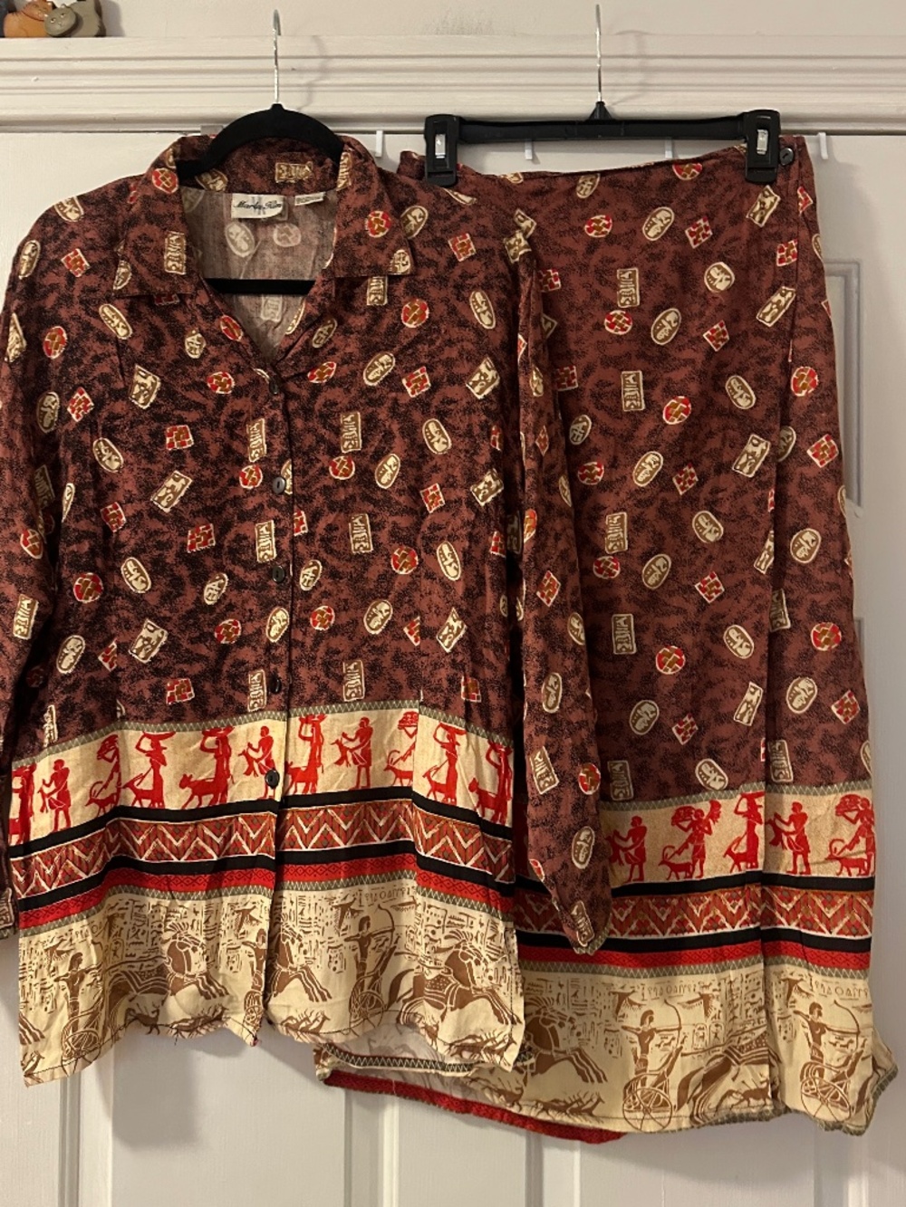 Vintage Marla Kim Egyptian Shirt and Skirt Set All-Over Print Women's Large 2 PC
